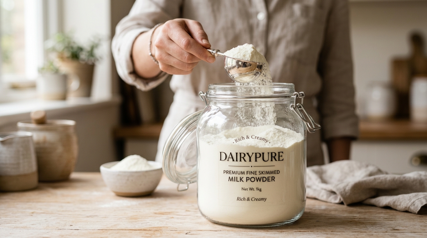 Skimmed milk powder being scooped from a container